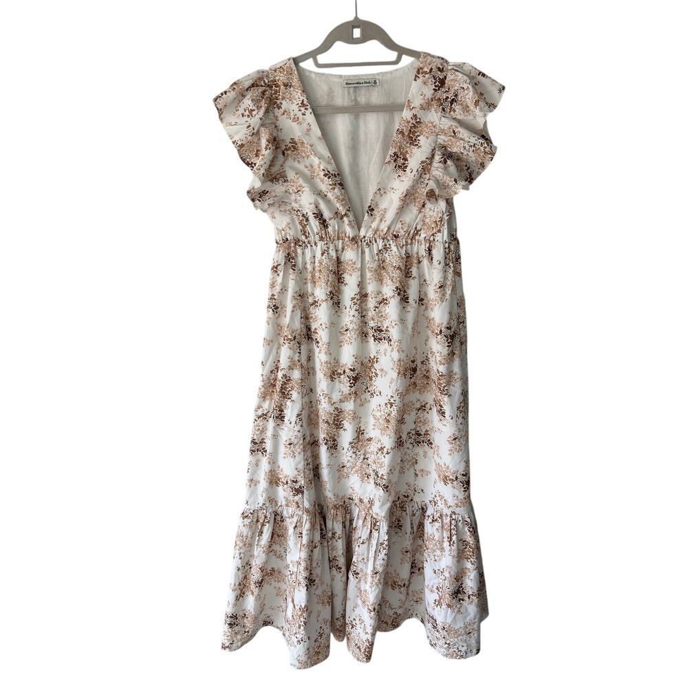 Abercrombie & Fitch White and Brown Floral Cap Sleeve Maxi Dress Medium